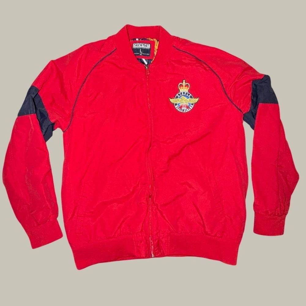 Staple Pigeon Red Bomber Track Jacket Mens Large Crest Logo Graphic Lining Zip